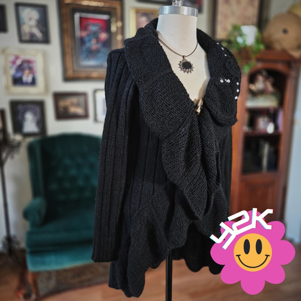 Miracle City Cardigan Y2K Black Knit Ruffle Wool Blend Goth Dark Academia M/L